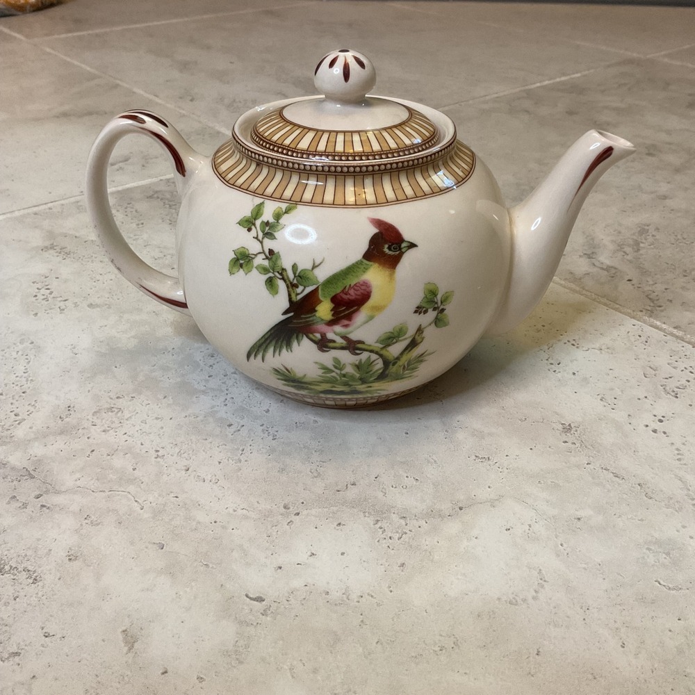 Vintage Burton & Burton Birds of Prey Ceramic Teapot Cream w/ Striped Border